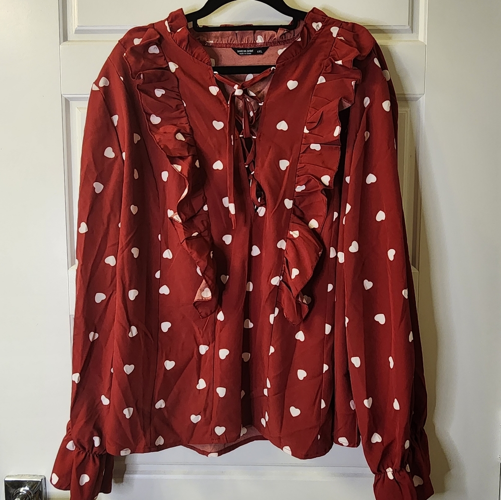 SHEIN Curve 4XL Red Heart Long Sleeve Blouse Top